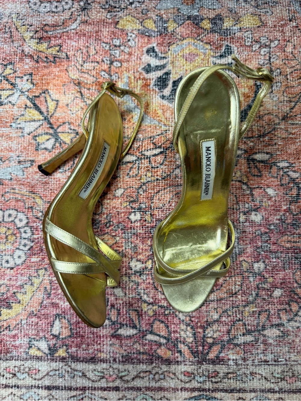 Manolo Blahnik Metallic Gold Strappy Slingback Heels